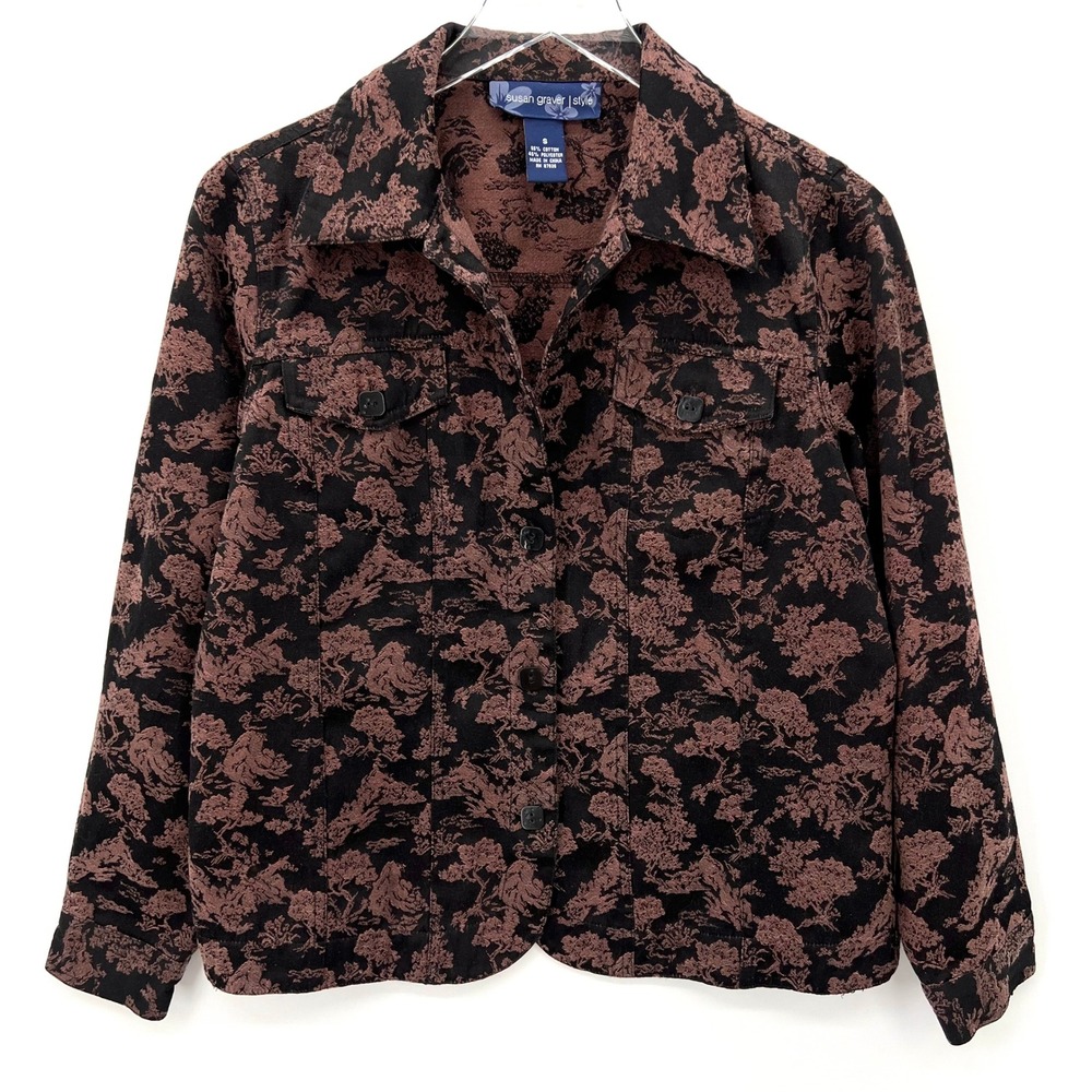 Vintage Susan Graver Floral Print Button Down Jacket Size S Whimsigoth‎ Black